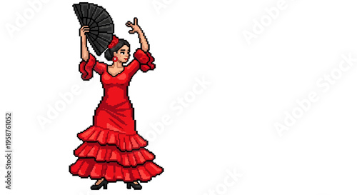 Flamenco Dancer in Red Dress with Fan.