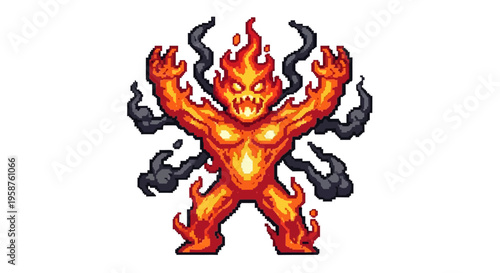 Fiery Pixelated Monster with Smoke Arms.
