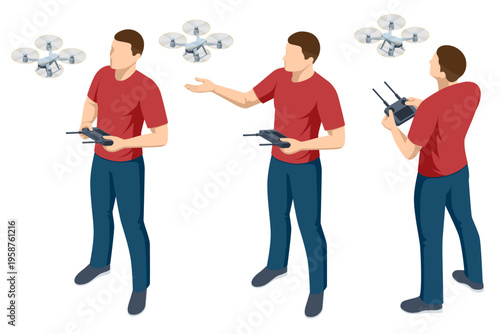 Isometric drone operator shown from several angles with remote controller, flying quadcopters Highlights piloting, surveillance, remote navigation, unmanned aircraft control, modern aerial technology