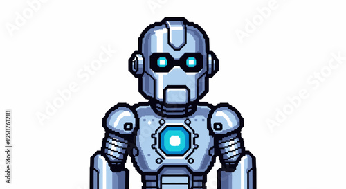 Futuristic Robot Character with Glowing Blue Eyes and Chest Emblem.