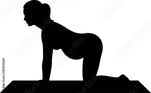 Pregnant woman silhouette practicing prenatal yoga pose on mat