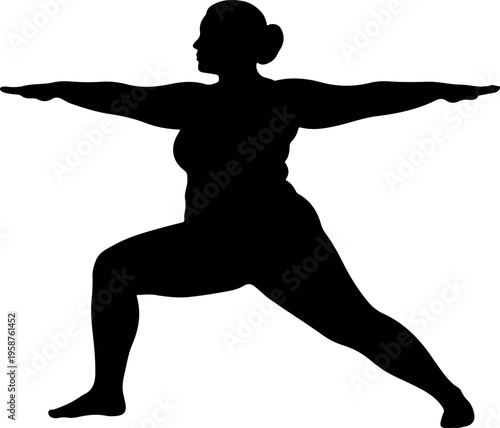 Plus size woman yoga silhouette in warrior pose for inclusive fitness.