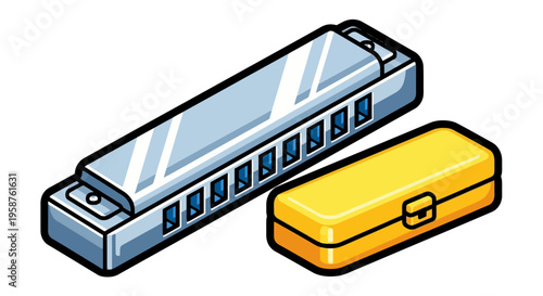 Harmonica and its yellow case illustration.