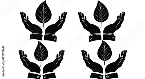 Four pairs of hands in business sleeves cradle individual green leaves symbolizing ecological care and corporate sustainability initiatives for the planet.