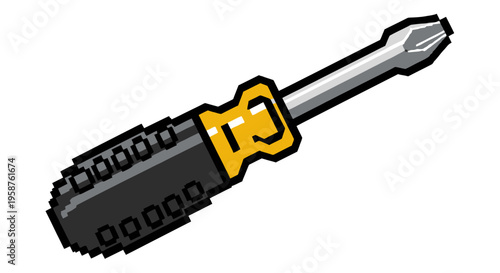 Illustration of a Phillips head screwdriver with a yellow and black handle.