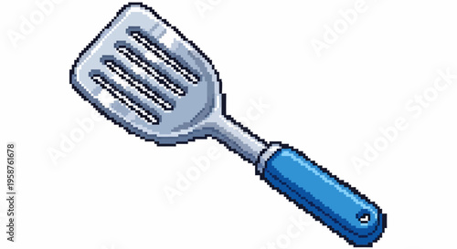 Illustration of a metal slotted spatula with blue handle.
