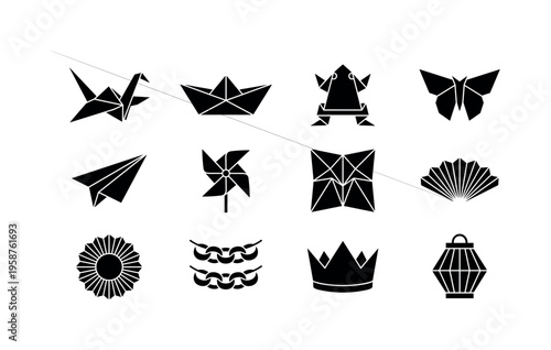 Collection of black origami paper craft icons on a white background