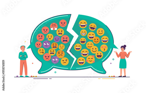 Communication breakdown symbolized by a cracked speech bubble filled with contrasting emojis