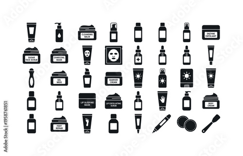 Collection of skincare and cosmetic product icons for beauty and wellness
