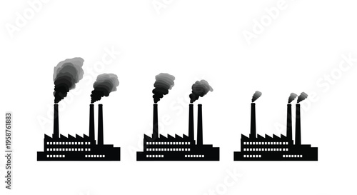 Industrial factory silhouettes illustrate varying levels of air pollution output against a stark white background for environmental reporting needs.