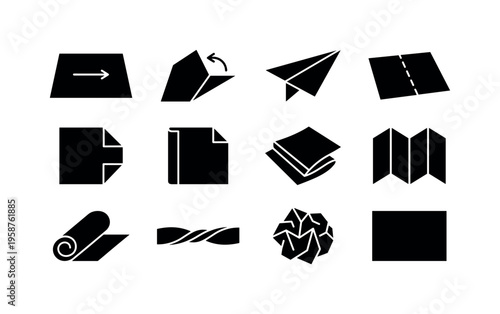 Collection of paper folding and manipulation icons in black and white