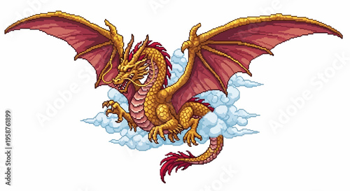 Majestic Golden Dragon with Fiery Wings Soaring Above Clouds.