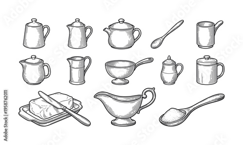 A set of hand-drawn vintage kitchenware illustrations. Includes teapot, creamer, sugar, and butter. Perfect for restaurant menus, cafe branding, or retro food packaging design.