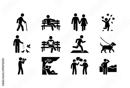 Diverse park activities depicted as simple black stick figure icons on a white background