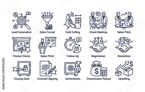 Set of modern business line icons illustrating the sales process. Includes lead generation, negotiation, closing deal, and commission symbols. For web, app, or presentation design.