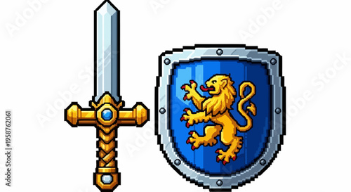 Medieval Sword and Shield with Lion Emblem.