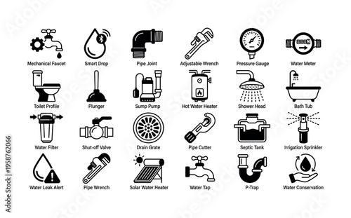 A collection of plumbing and water system icons. This set includes tools, fixtures, and equipment symbols for web design, apps, and infographics. Vector illustration.