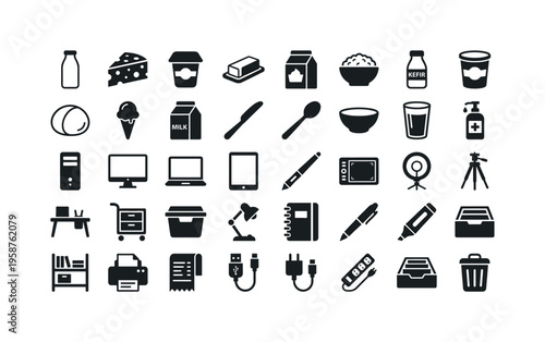 Collection of icons representing dairy products and office supplies