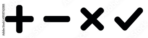 A set of basic black vector icons. Includes plus, minus, cross, and checkmark for math, calculation, choice, and decision-making concepts like right or wrong. Minimalist design.