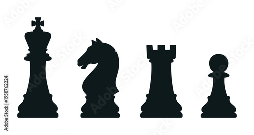 A set of black chess piece silhouettes including king, knight, rook, and pawn. Vector icons for strategy, business, competition, and planning concepts.