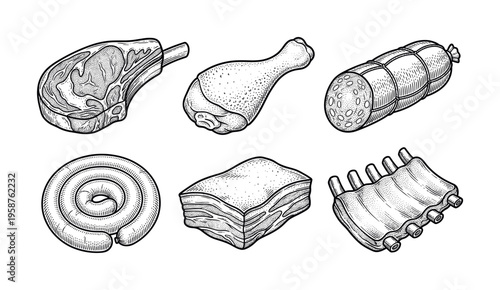 A set of meat products including steak, ribs, sausage, and chicken in a vintage engraving style. Vector illustration for butcher shop branding, restaurant menus, or food packaging.