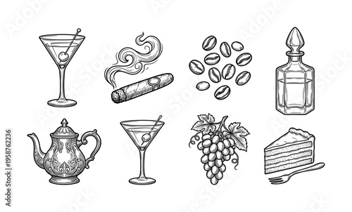A set of hand drawn vintage illustrations. Includes martini, cigar, coffee, cake, and grapes in a retro engraved style. Perfect for menu design, bar logos, and restaurant branding.