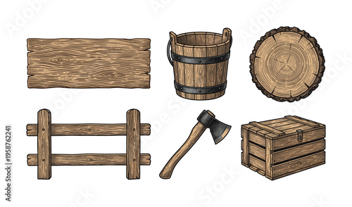 A set of vintage wooden objects in a color engraving style. Includes an axe, crate, bucket, sign, and log. Perfect vector elements for rustic, farm, or craft designs.