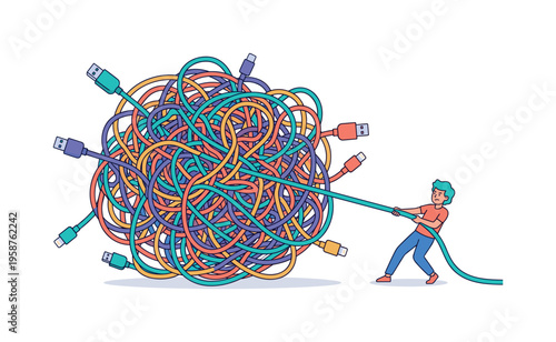 Frustrated person struggling with a large, tangled ball of colorful charging cables