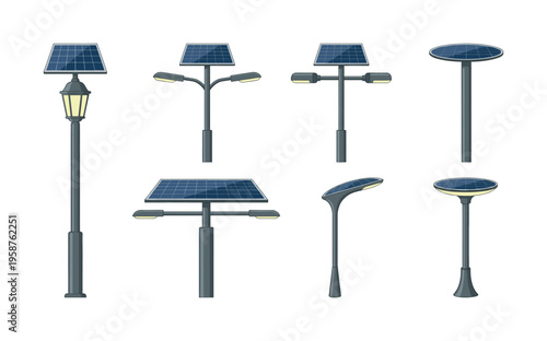A set of modern solar-powered street lights. This vector illustration collection showcases various designs for eco-friendly urban lighting and renewable energy concepts.