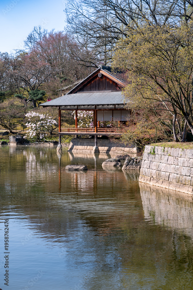 Obraz premium Springtime in Japanese garden featuring reflective pond and classic wooden veranda structure