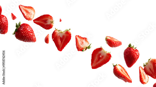 Dynamic falling slices of fresh strawberries, fruit motion concept, isolated on white background