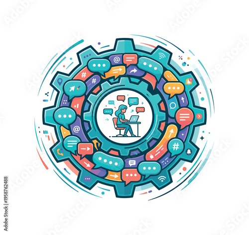 Digital communication system represented as a spinning gear with chat bubbles