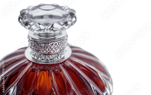 Detailed view of a high-end perfume bottle with silver embellishments representing elegance, style, and luxury lifestyle accessory isolated on transparent background PNG