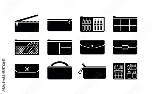 Collection of black icons representing various pencil cases and pouches