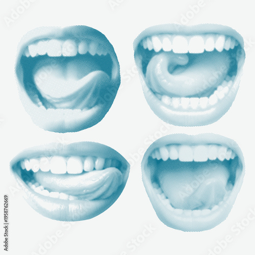 Mouths halftone pop art illustration set, featuring open lips with tongue expressions in a bold retro comic style, dotted texture design, and a modern, edgy aesthetic