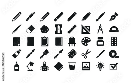 Collection of black and white icons representing various art and drawing tools