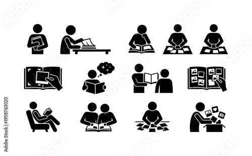 Collection of stick figure icons depicting people reading and organizing photos