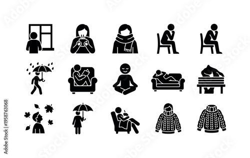Collection of icons depicting cozy indoor activities and autumn weather scenes