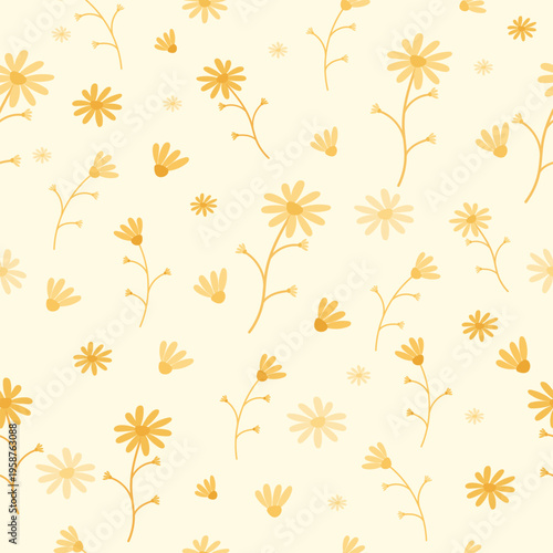 Seamless Minimal Floral Pattern with Hand Drawn Orange Flowers on Beige Background.Modern simple botanical design perfect for textile,fabric,wallpaper, wrapping paper,spackaging,and digital background