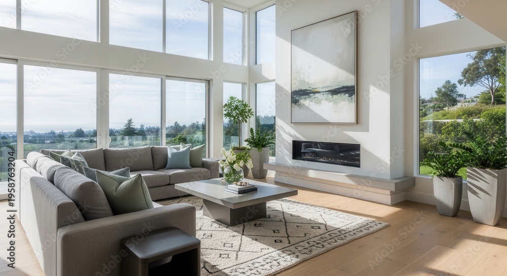 Fototapeta premium Modern Living Room With Expansive Views And Contemporary Fireplace