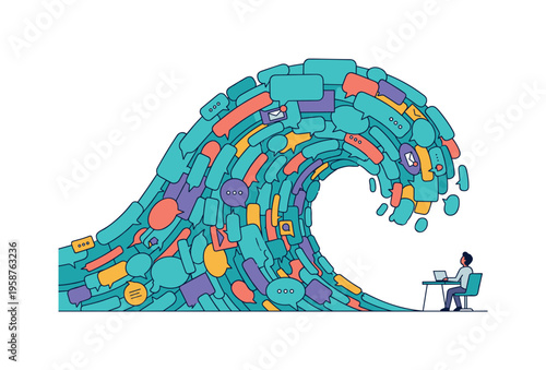 Man overwhelmed by a giant wave of colorful speech bubbles and notifications