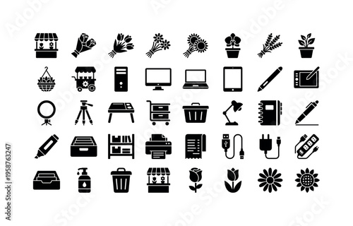 Collection of icons representing office supplies, technology, and floral elements