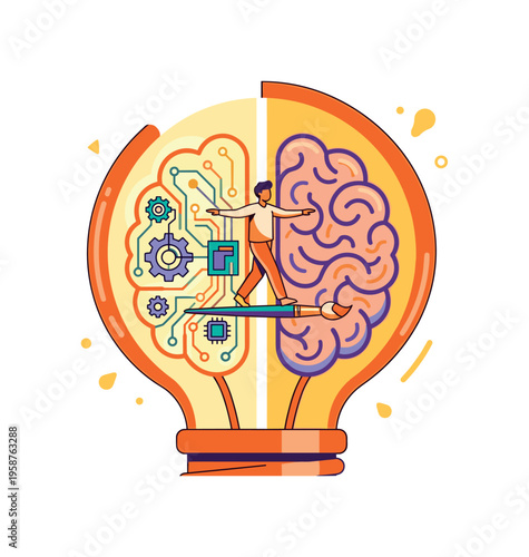 Balancing logic and creativity within a lightbulb representing innovation and ideas