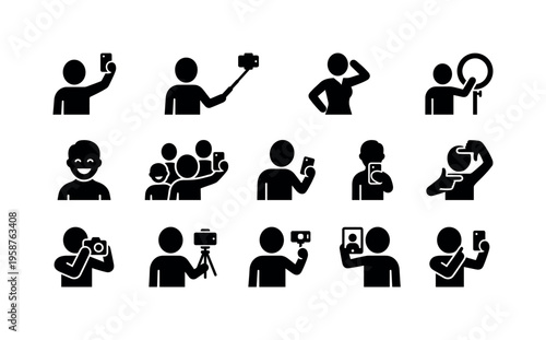 Collection of diverse icons representing people taking selfies with various devices