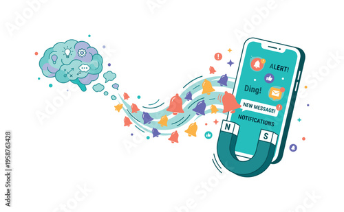 Brain generates ideas and notifications attracted to a smartphone by a magnet