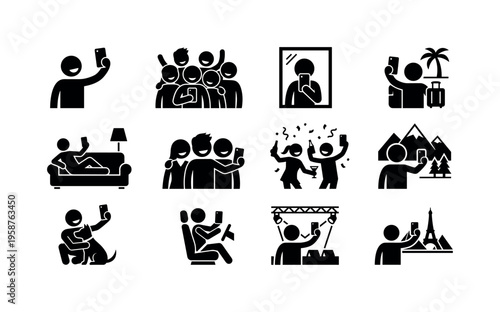 Collection of diverse stick figure people taking selfies in various situations