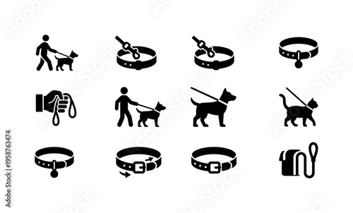 Collection of icons depicting dog walking and pet accessories like collars and leashes
