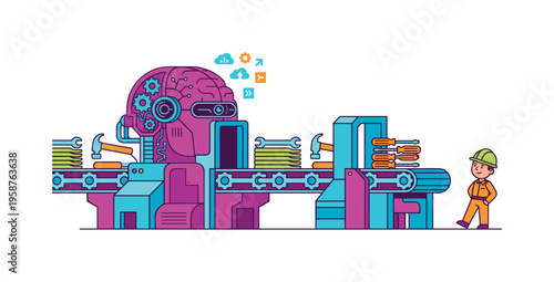 Robotic brain controlling an automated assembly line with tools and a worker