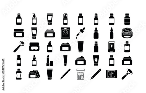 Collection of skincare and beauty product icons for dermal maintenance