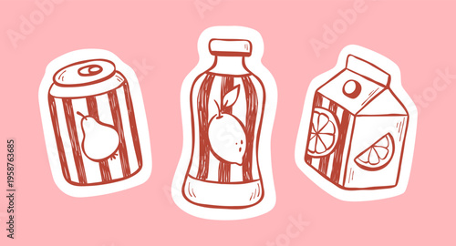Three hand-drawn vector fruit drinks of different types. Sketch line illustration of lemonade, juice, soda water for logo, web, advertising. Sticker elements on a pink background. 